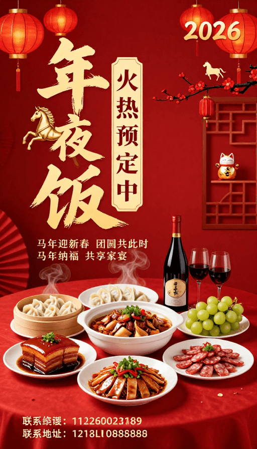 马年素材：马年新春团圆：红色中国风年夜饭海报
