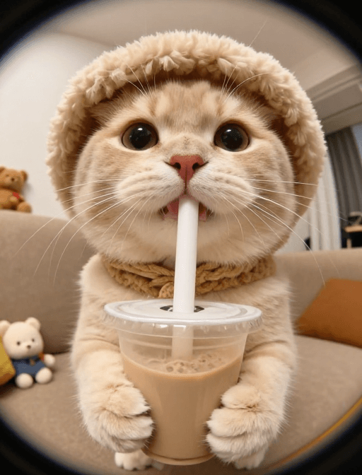 温馨室内场景素材：萌态奶猫特写：暖光下超写实鱼眼摄影