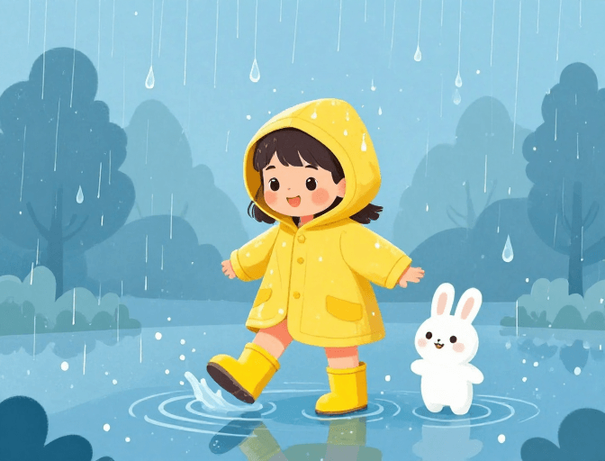 童话氛围素材：治愈系扁平插画：雨天童趣女孩与兔子的温暖时光