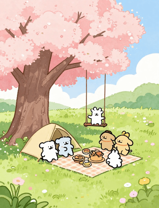 治愈系风格素材：樱花树下温馨露营：水彩兔家族野餐