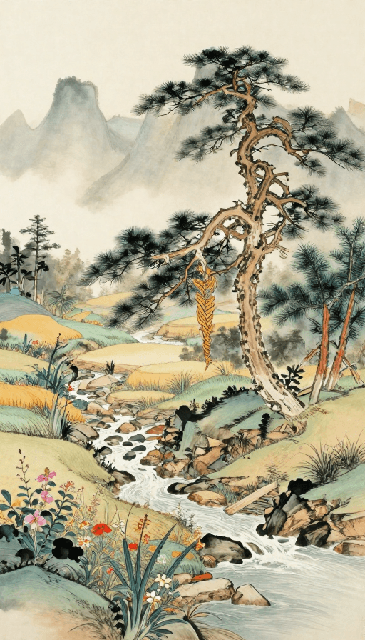 传统文化素材：秋日山景中药草与古松的工笔画养生意境