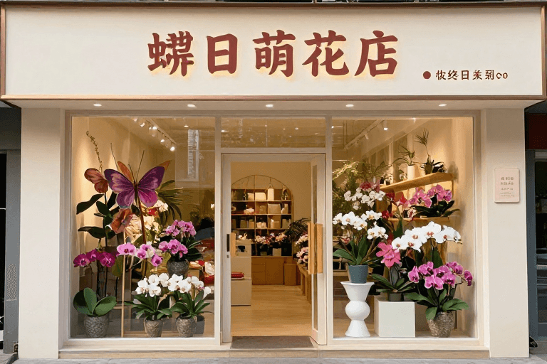 花店素材：蝴蝶与花朵：梦幻花店艺术插画
