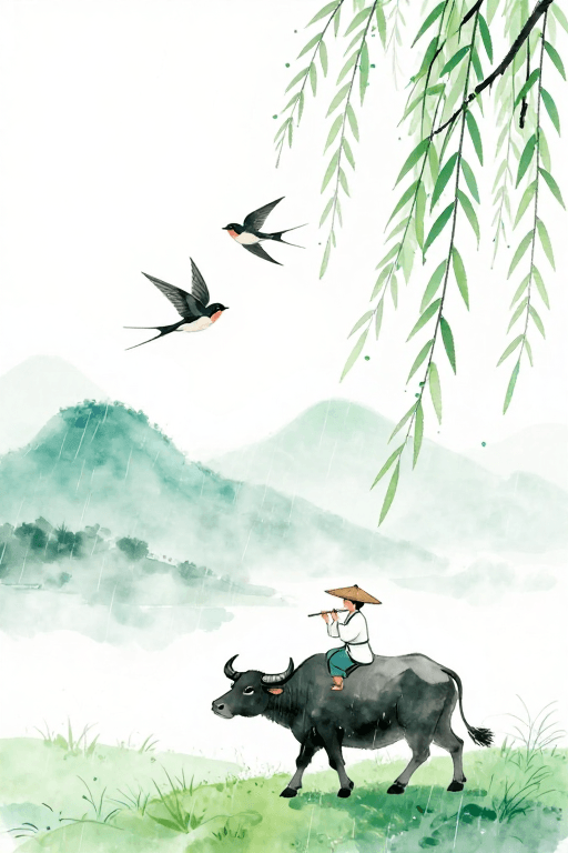 田园牧歌素材：青绿烟雨牧归：水墨淡彩田园诗意插画