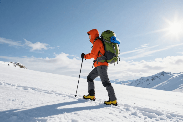 橙色系穿搭素材：橙衣登山者征服雪山之巅