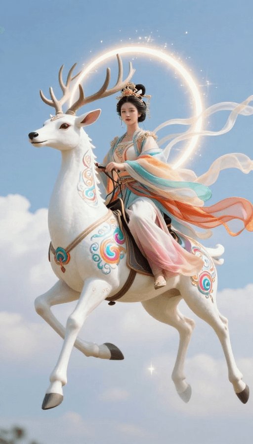 写实摄影素材：七彩神鹿载古风仙女，蓝天白云下飞驰的梦幻写实场景