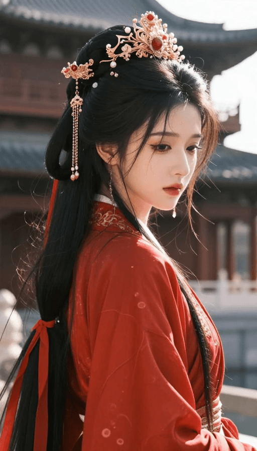 面部特写素材：红衣古装少女回眸凝望，悲伤神情唯美古风动漫