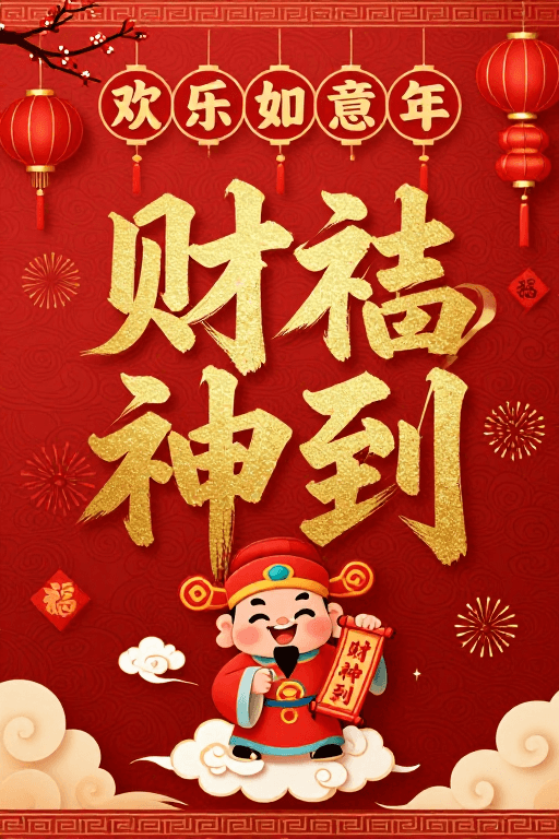 新年祝福素材：喜庆财神到，新年如意图