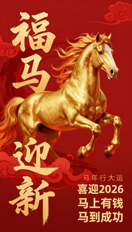 喜庆配色素材：金骏奔腾迎新春：中国风插画贺岁图