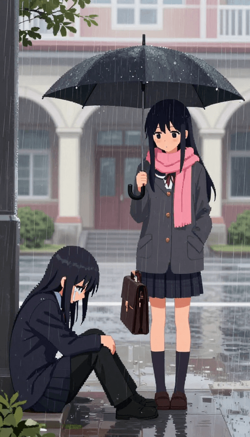 情绪表达素材：雨日校园像素插画：撑伞女孩与哭泣男孩的温柔瞬间