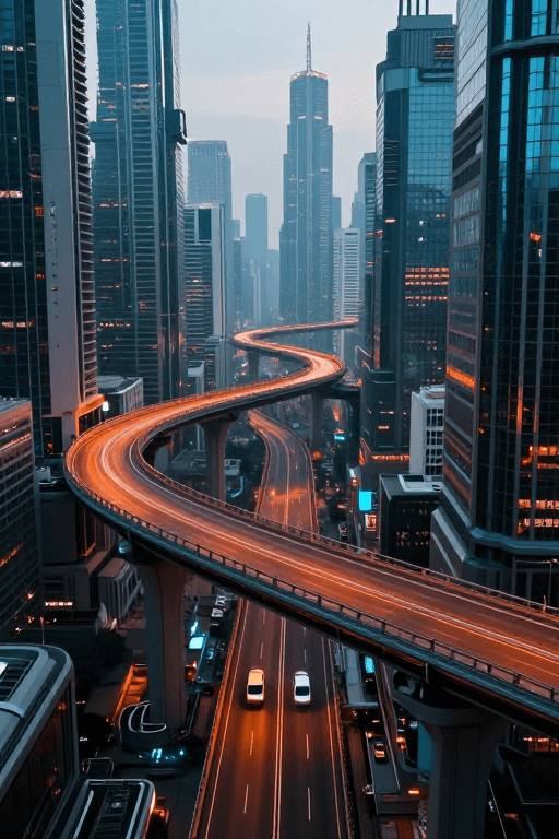 城市景观素材：赛博朋克未来都市：悬空公路与摩天楼群的超现实夜景