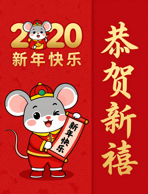 春节贺图素材：喜庆中国新年红包设计：传统纹样与卡通鼠融合