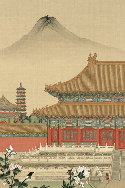 汉宫风格素材：汉宫工笔光影：细腻花鸟与古塔山景