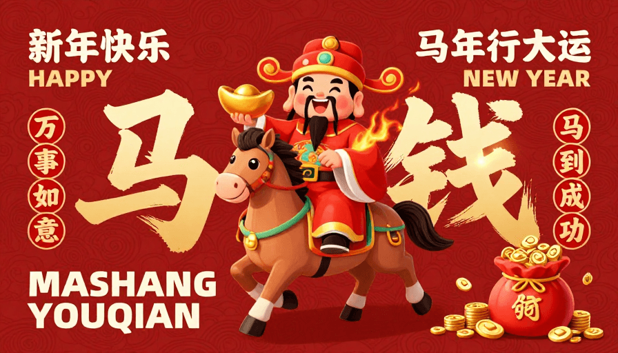插画素材：喜庆马到钱：传统新年中国风插画海报