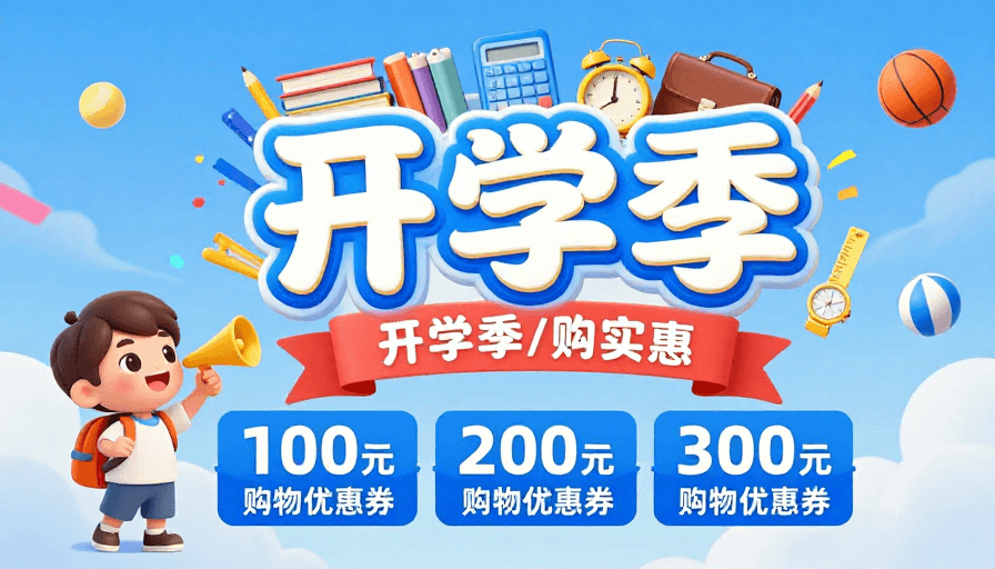 童趣风格素材：开学季童趣促销：活泼插画带购物优惠