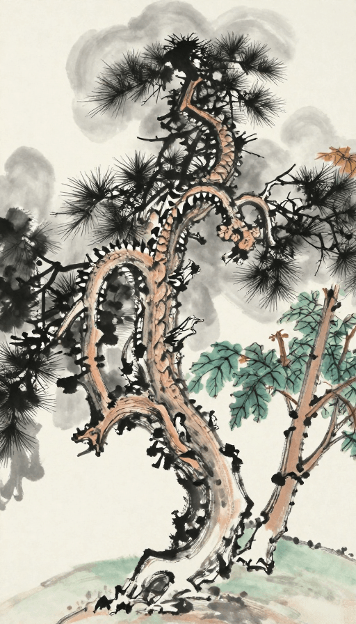 文人画风格素材：千年古松苍劲如龙，宋元水墨意境深远