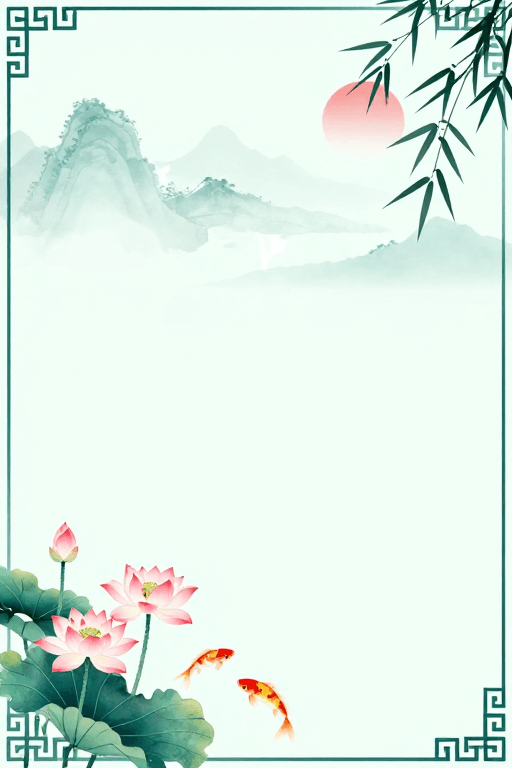古风设计素材：青绿荷韵锦鲤图：水墨留白意境
