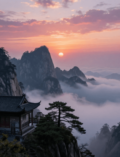 传统建筑素材：晨光破晓：水墨山水间的日出与古建