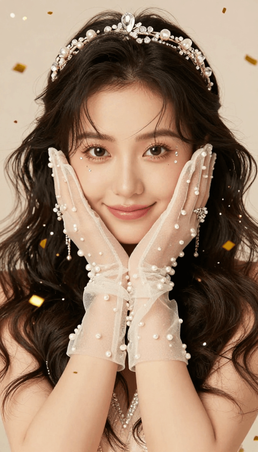 珍珠手套素材：水晶钻饰优雅女模特
