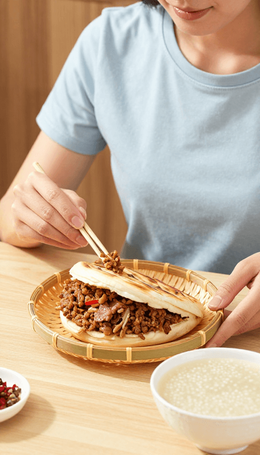 人物肖像素材：浅蓝衣少女食肉夹馍 产品级摄影展示