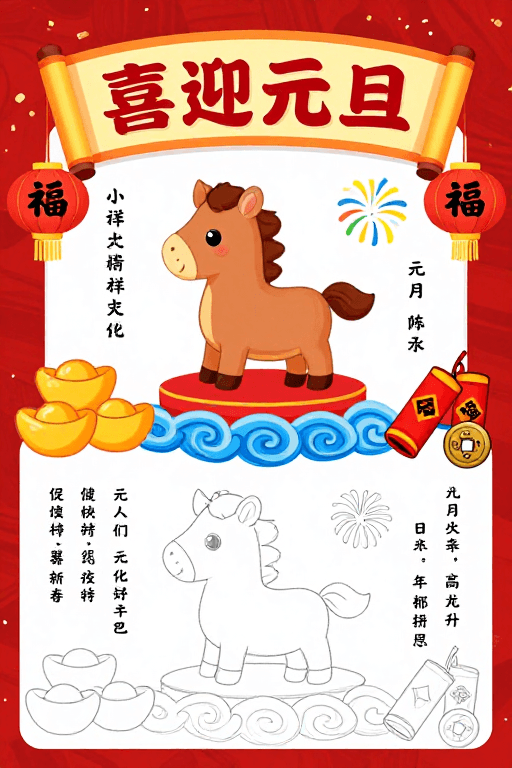 元旦素材：喜迎元旦手绘贺卡 童趣与年味融合