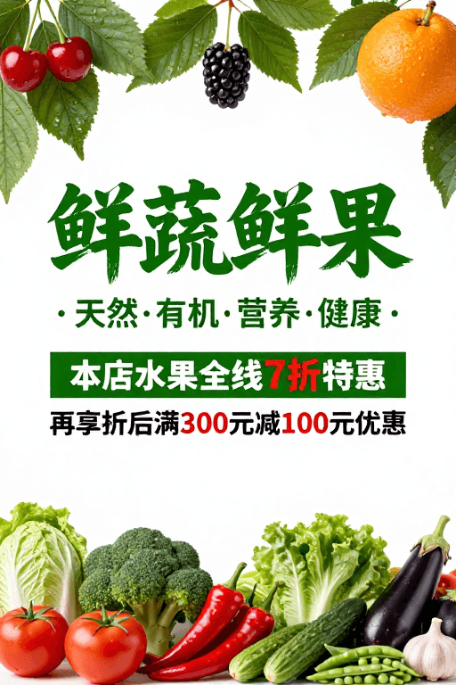 真实感摄影素材：鲜蔬鲜果清新海报：天然有机健康活力促销