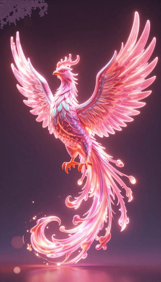 艺术插画素材：粉色光焰中浴火重生的凤凰：3D梦幻渲染
