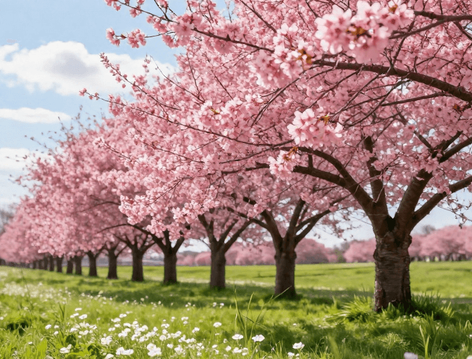 户外风景素材：春日樱花盛景：通透花瓣与清新草地交融之美