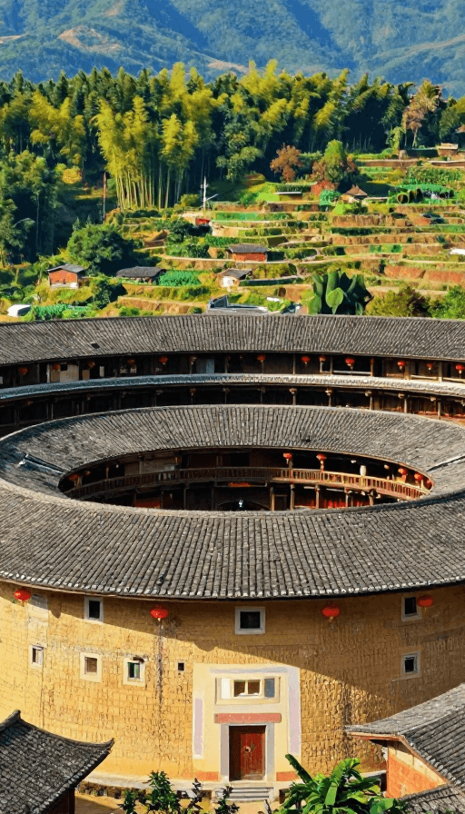 建筑摄影素材：客家土楼油画风全景：岁月痕迹与光影交织