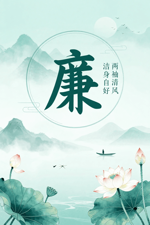 清廉自律素材：青绿水墨‘廉’字海报，传递清廉自守意境