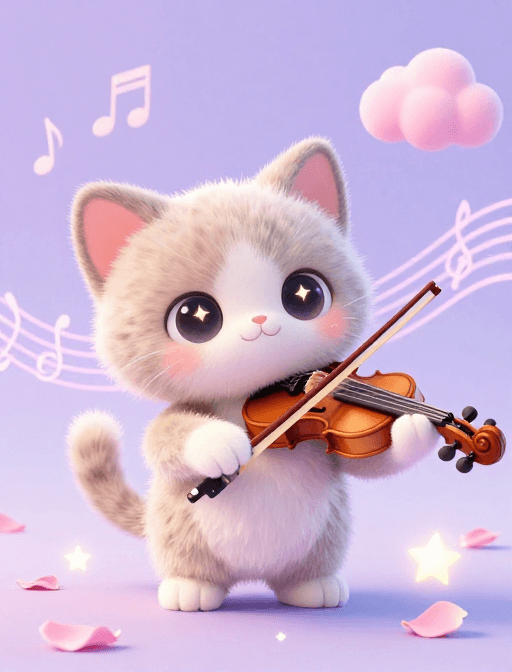Q版小猫素材：梦幻Q版小猫拉琴星光闪烁