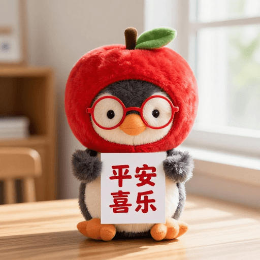 商业摄影素材：毛绒企鹅戴红帽持福卡，暖光柔焦尽显温馨