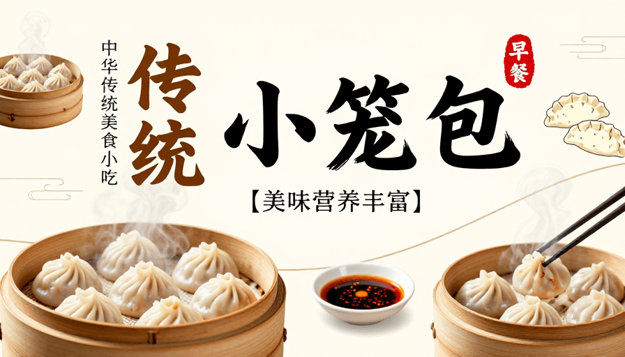 小笼包素材：传统小笼包美食海报：典雅中式早餐文化宣传图