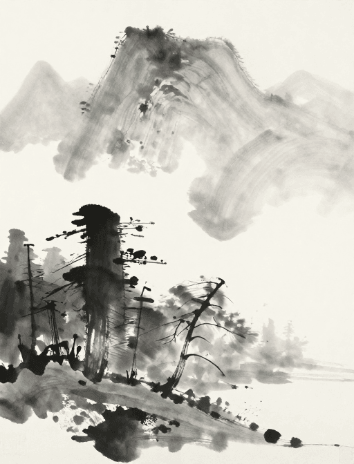 云雾缭绕素材：东山魁夷风水墨山水：云雾缭绕的静谧山林