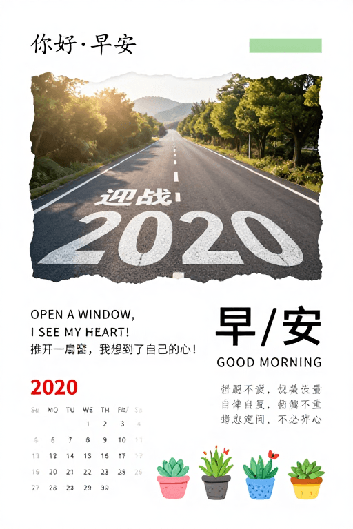 早安主题素材：极简清新早安海报：晨光启程迎战2020
