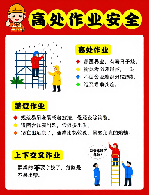 卡通人物素材：高处作业安全规范：扁平化卡通插画警示图