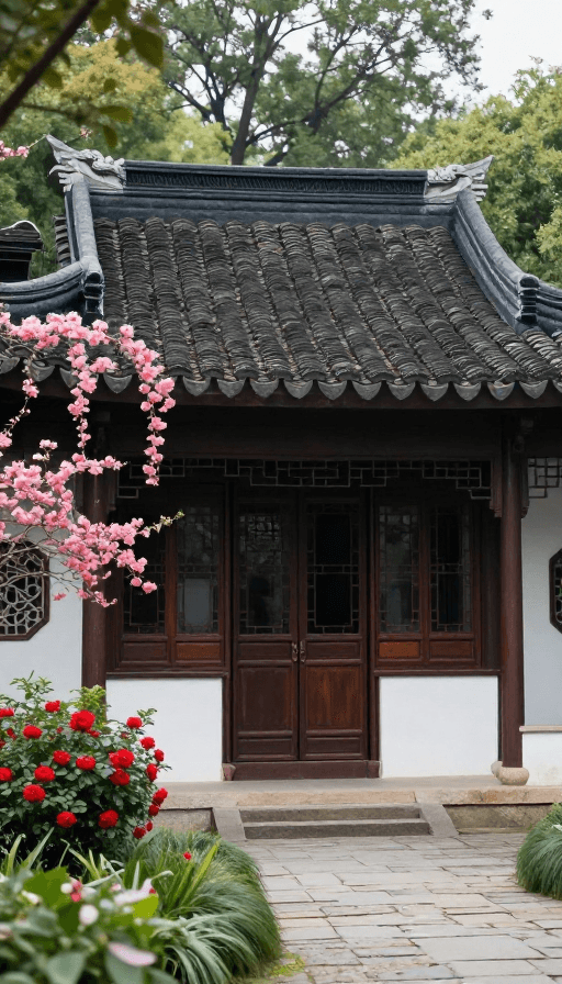 古建筑细节素材：中式古建实景：黑瓦白墙与红花绿树的静谧庭院