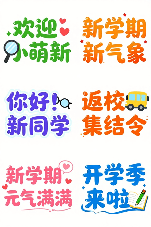 糖果色设计素材：糖果色系手绘开学文字设计，清新童趣校园宣传图