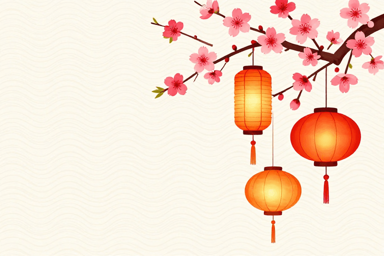 中式灯笼素材：东方雅韵：樱花灯笼节庆插画