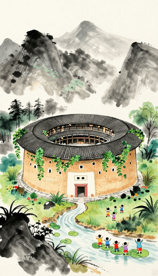 微景观素材：水墨童趣：客家土楼微景观插画