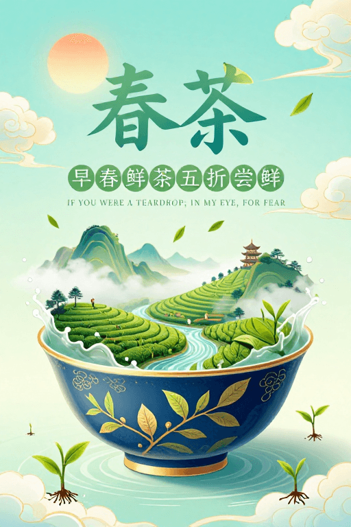 新国风插画素材：青瓷盛春茶 梦幻新国风海报