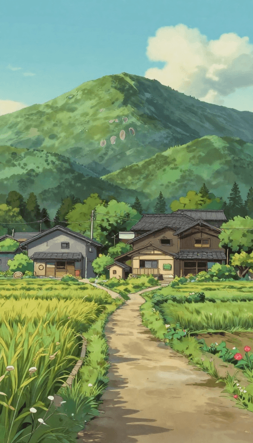 朝霞景观素材：宫崎骏风朝霞山景：稻田小屋与野花小径
