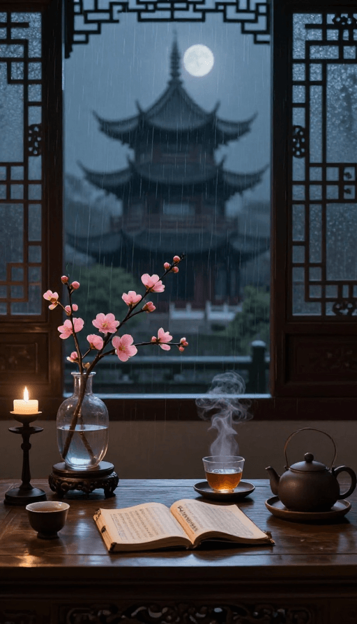 雨夜氛围素材：雨夜古塔下的静谧茶室
