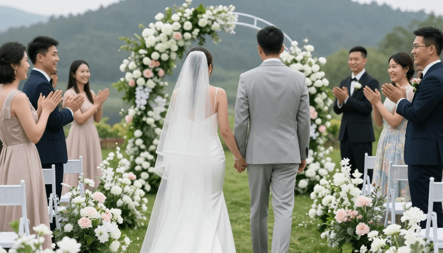 暖光摄影素材：温馨婚礼：亚洲新人携手走向浪漫花拱门
