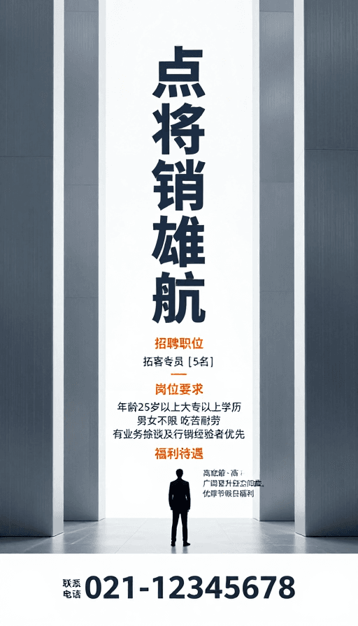 竖排文字设计素材：极简商务招聘海报：高端职业启航