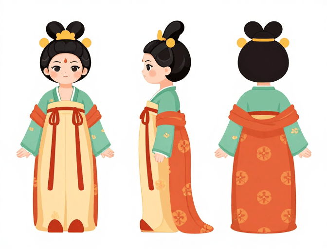 三视图设计素材：唐代古典美少女CG角色三视图设计