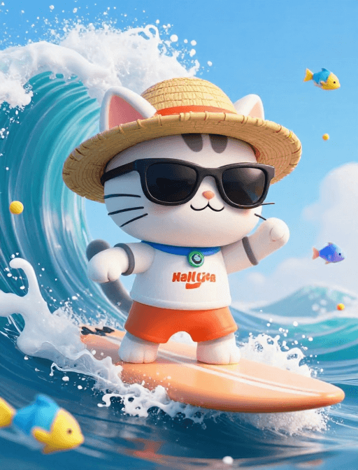 冲浪文化素材：嘻哈拟人冲浪猫：3D动态海浪场景
