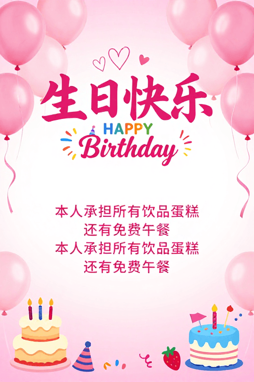 生日派对素材：梦幻粉色生日派对海报，温馨欢乐庆祝时刻