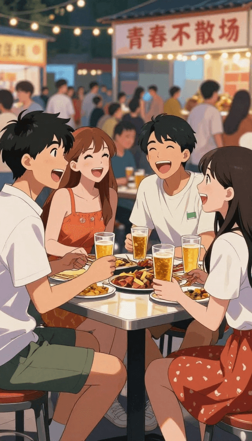 高清插画素材：夏日撸串欢笑瞬间：皮斯克动漫风格情侣夜宵特写