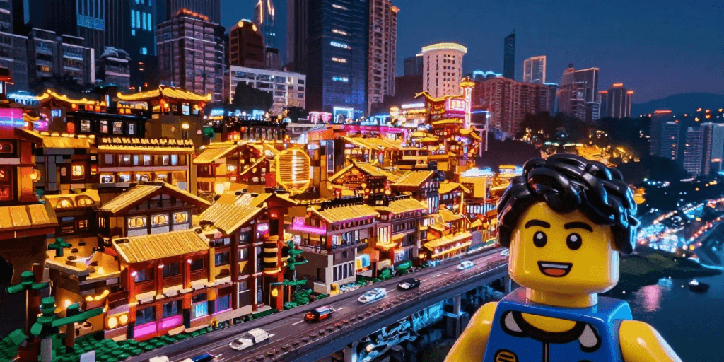 霓虹灯光素材：乐高微缩洪崖洞：霓虹光影下的未来夜景