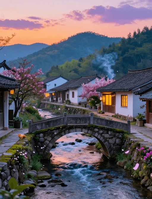 暖色调摄影素材：春日暖桥：静谧家园的梦幻画卷